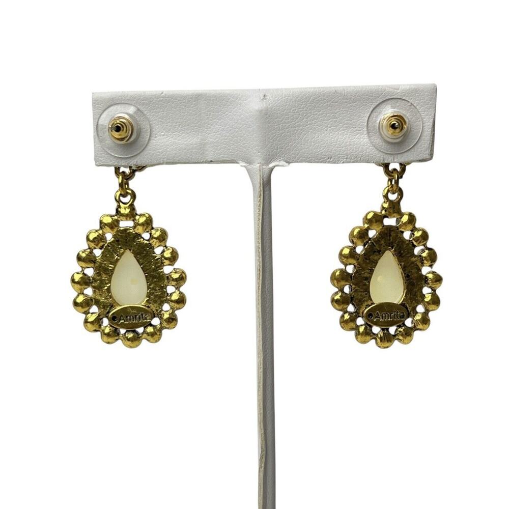 Amrita Singh Teardrop Dangle Earrings Faux Pearl Rhinestone Gold Tone Signed - Picture 6 of 8